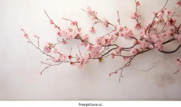 A delicate pink cherry blossom branch against a beige background.