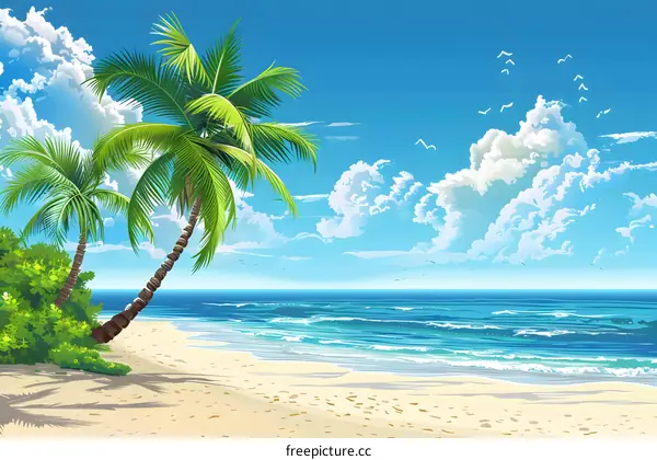 Tropical Beach with Palm Trees and Blue Sky