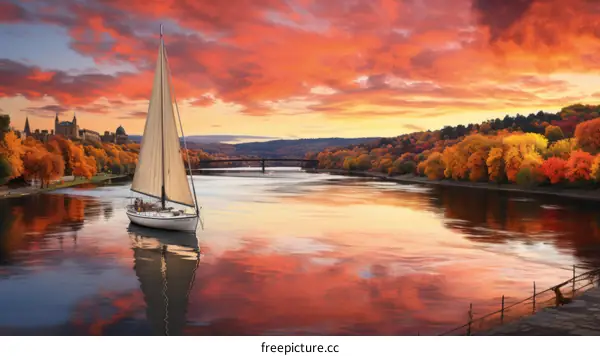 sailboat on river with autumn trees and sunset