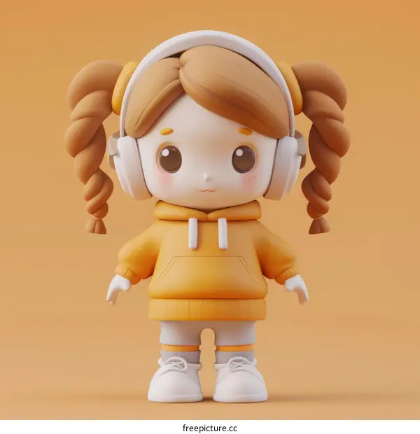3D Cartoon Girl with Headphones on Orange Background