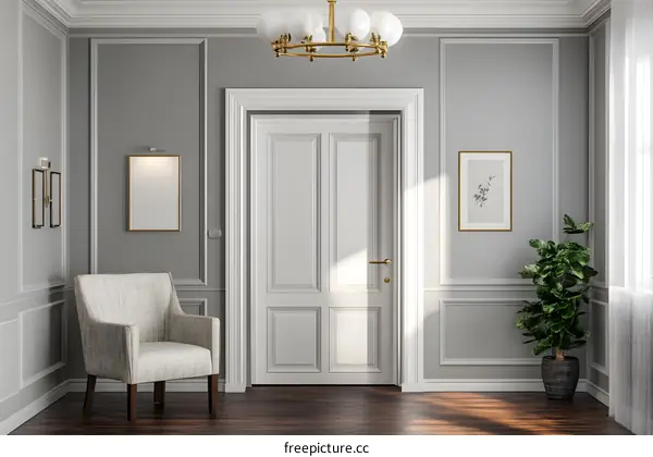 Elegant Doorway With White Door And Gold Chandelier
