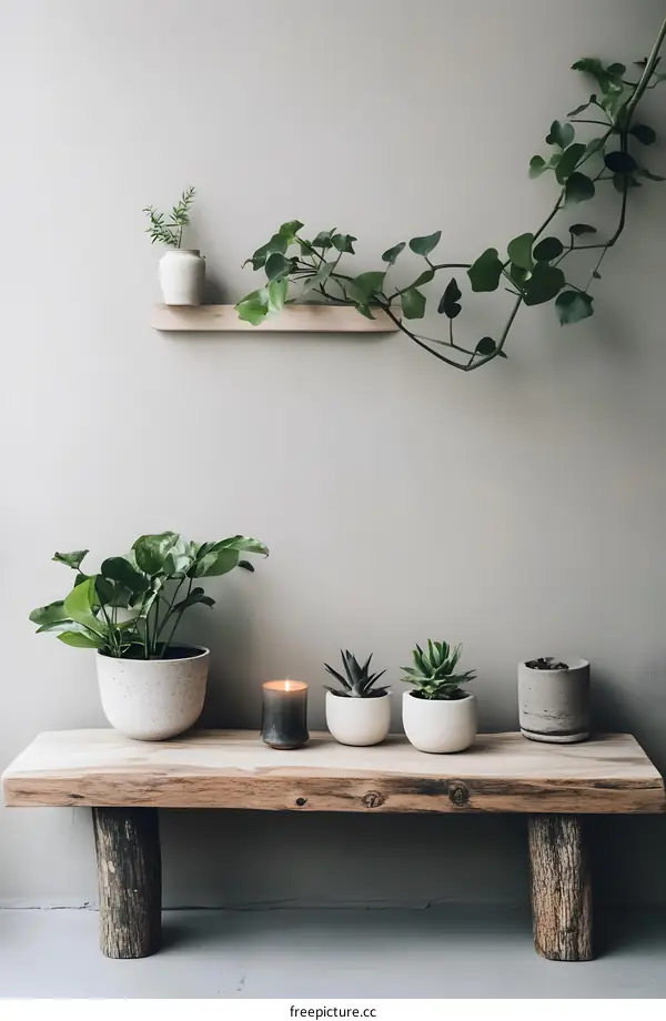 Minimalist Home Decor with Plants and Wooden Bench