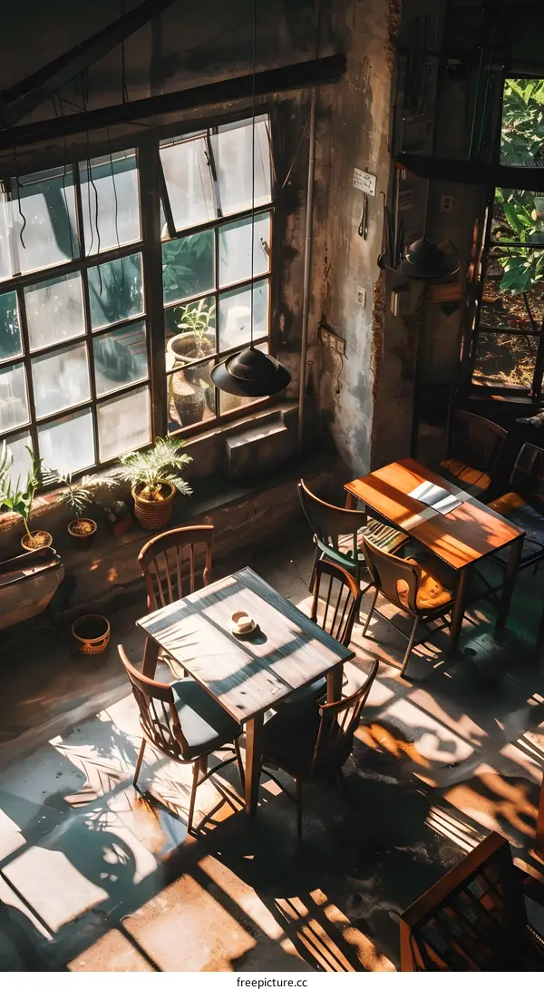 Vintage Cafe Interior With Wooden Tables And Chairs
