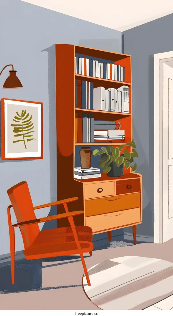 Modern Interior Design with Orange Chair and Bookshelf