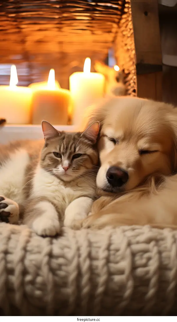 A cat and a dog are sleeping next to each other