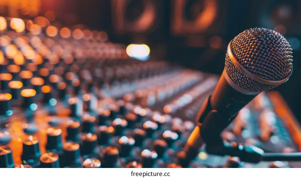 Close-up of a microphone in a recording studio with a mixing console in the background