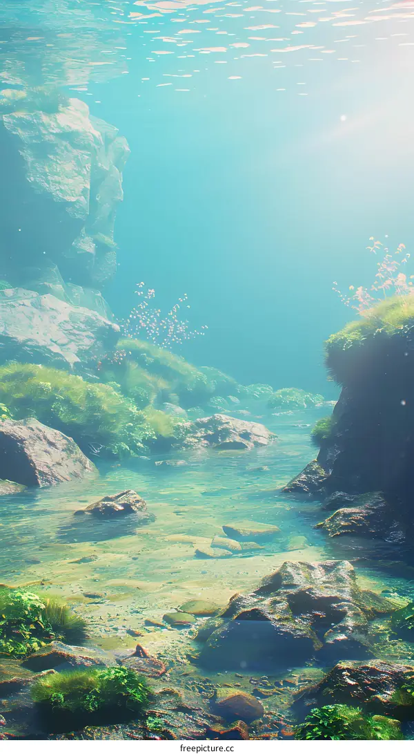 Underwater River Scene with Rocks and Plants