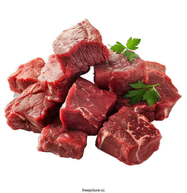 [Transparent Background PNG]Fresh raw beef cubes isolated on black background