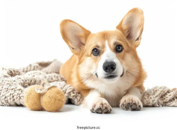 A Cute Corgi Dog Playing with Yarn Balls