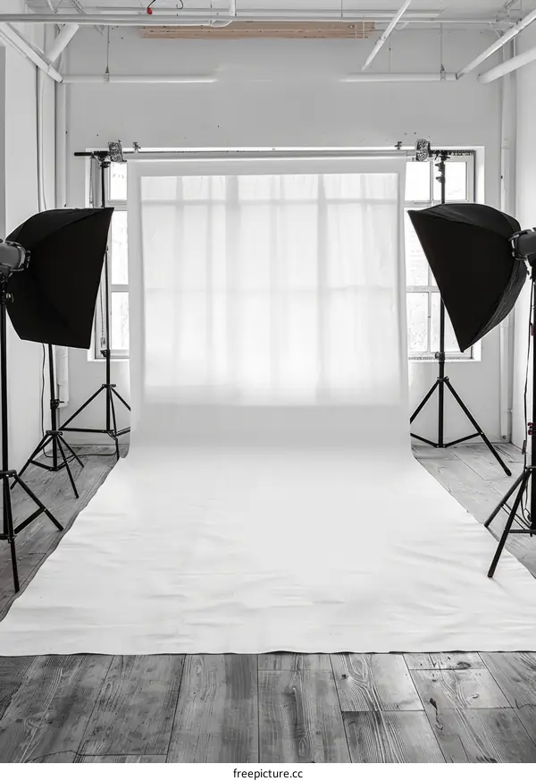 An Empty Photo Studio with Bright White Walls and Large Windows