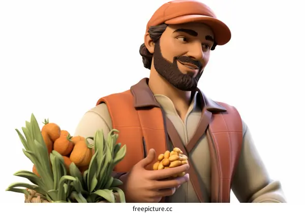 Male farmer holding basket of oranges and peanuts