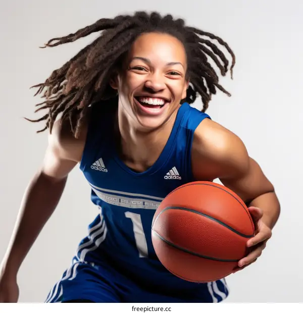Young female basketball player smiling and dribbling basketball