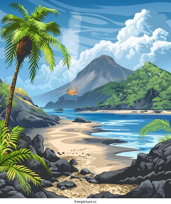 Tropical Island Scene with Volcano and Palm Trees