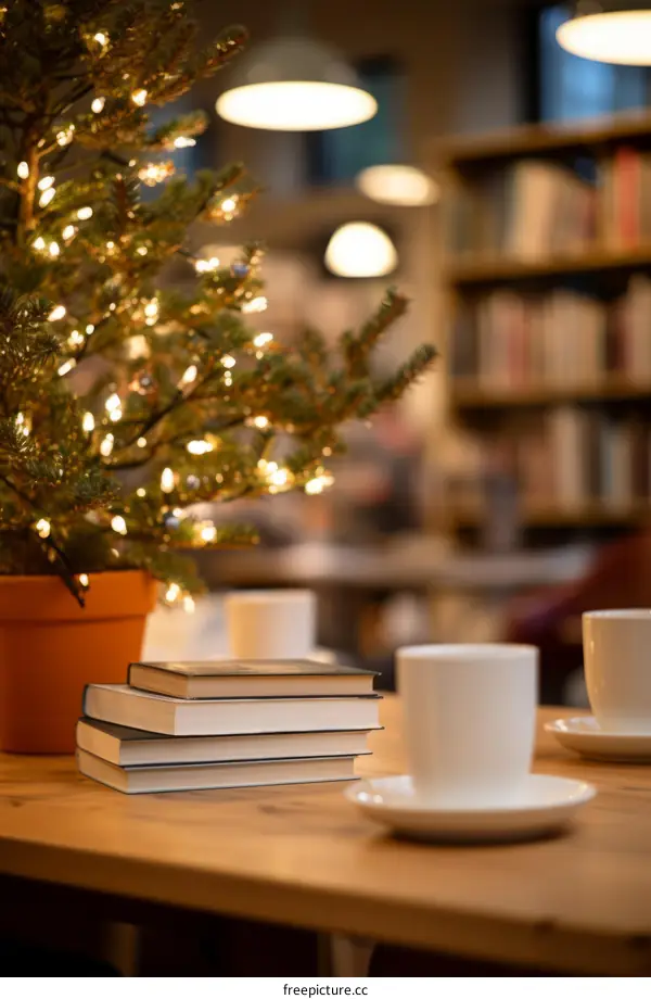 Still life with books and a Christmas tree