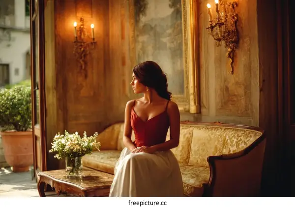 Elegant Woman in a Red Dress in an Antique Interior