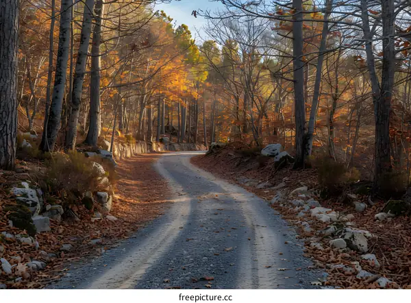 Country road through a forest in autumn