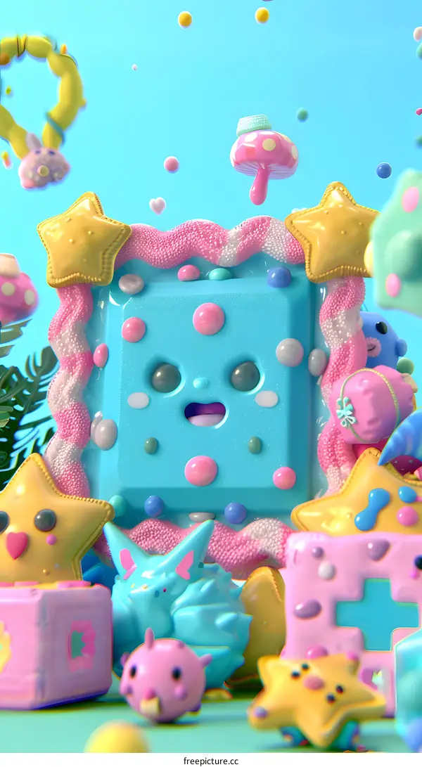 Cute Cartoon Characters and 3D Objects on Blue Background