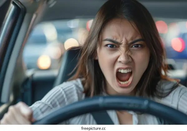Furious Asian woman driver screaming and honking her car horn while stuck in traffic jam