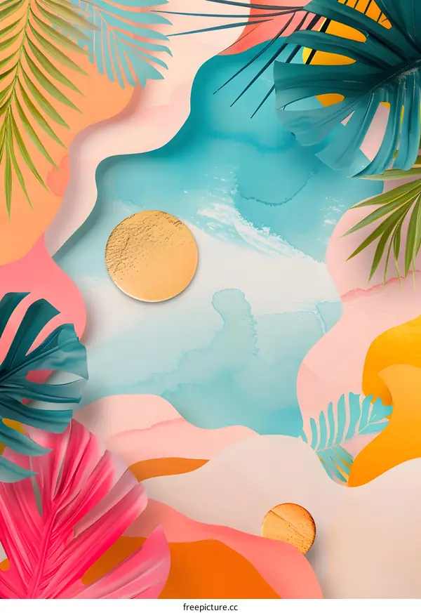 Abstract Tropical Leaves with Gold Circles Paper Cut Out Background