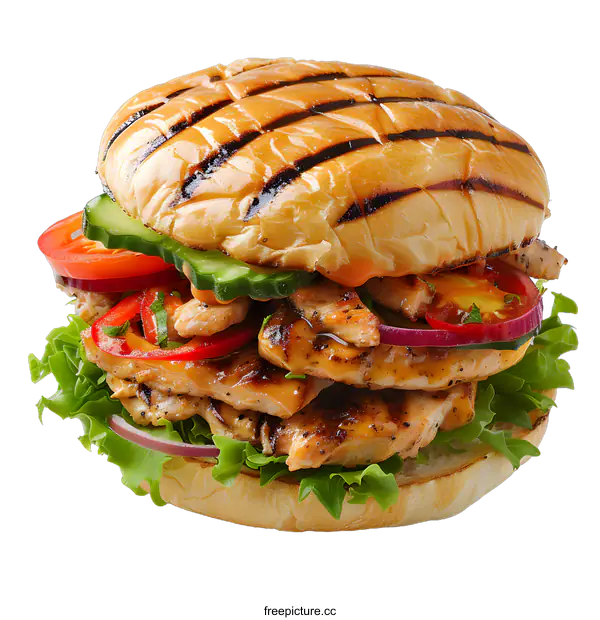 [Transparent Background PNG]Grilled Chicken Burger with Fresh Vegetables
