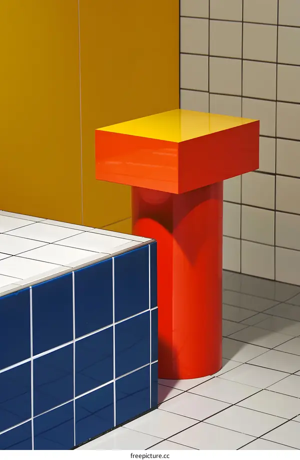 Red and Yellow Geometric Table in Tiled Room