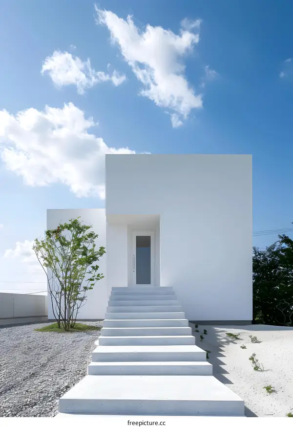 Modern Minimalist White House with Stairs and Blue Sky