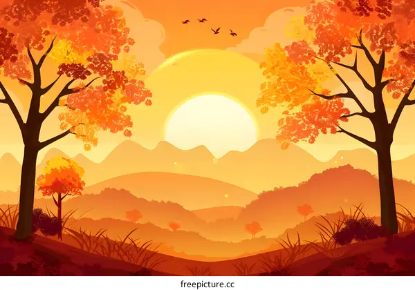 Autumn Landscape With Sunset and Birds