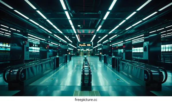 Futuristic Subway Station with Neon Lights and Moving Walkways