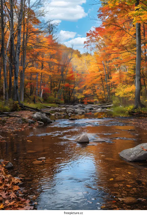 Autumn Creek Landscape With Fallen Leaves