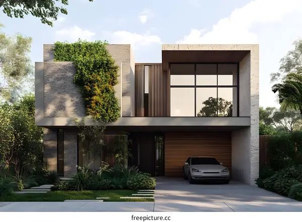 Modern House Design with Green Wall and Car