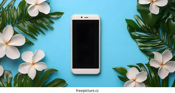 Tropical Flowers Frame White Smartphone on Blue Background