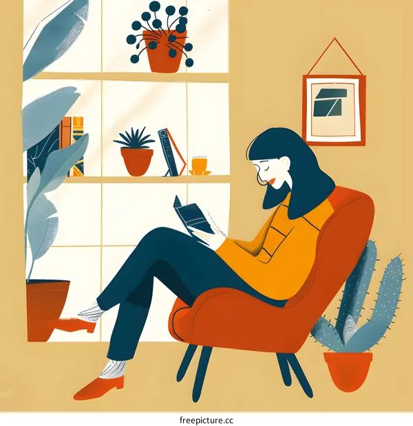 Woman Reading Book in Armchair Illustration