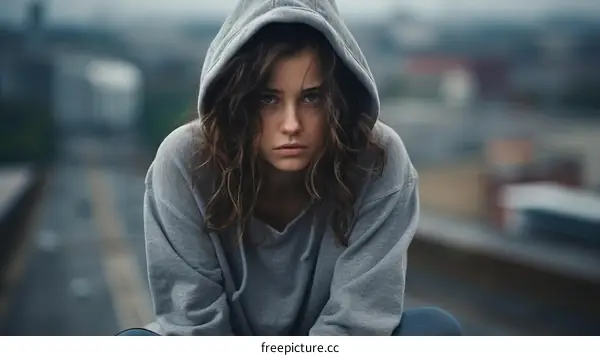 Portrait of a serious young woman in a gray hoodie looking at the camera