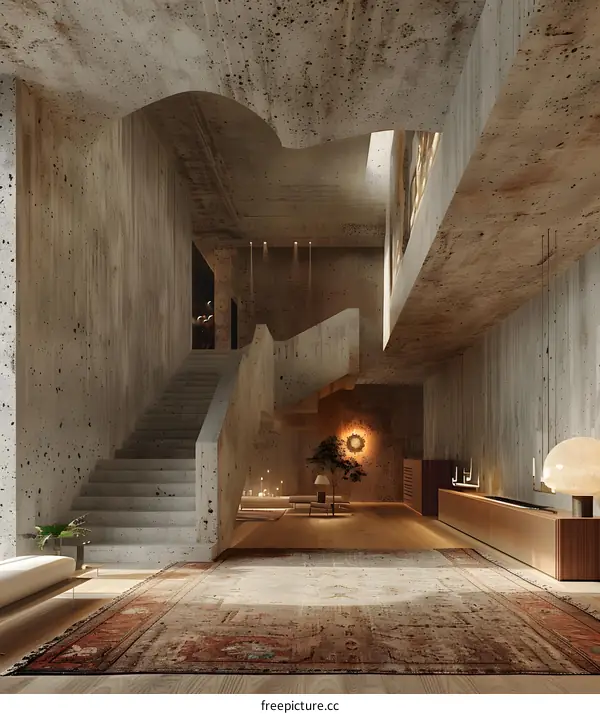 Modern concrete interior with staircase and wood flooring