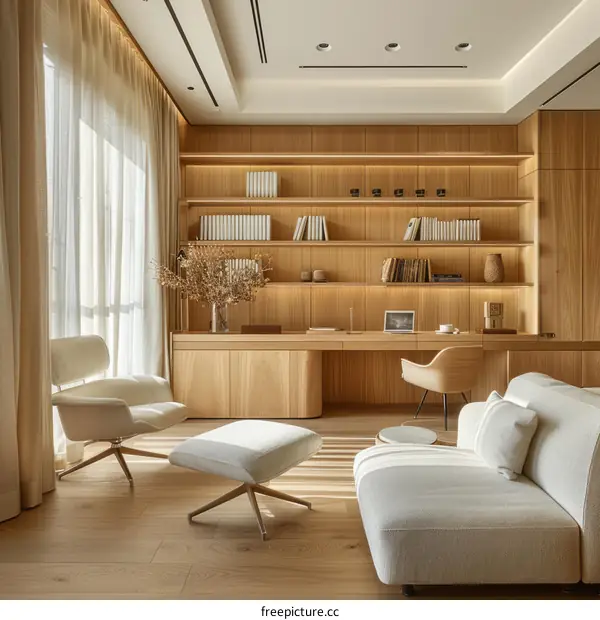 Home office with warm wood built-ins