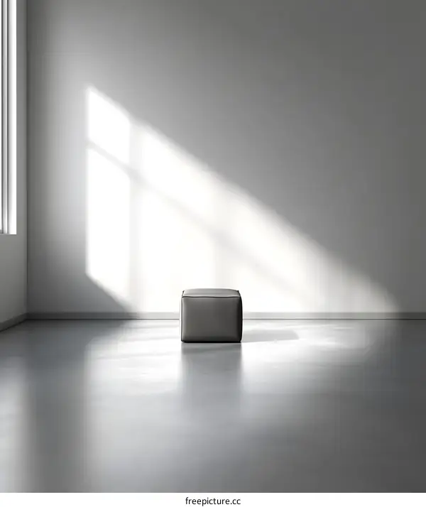 Minimalist Room Interior Design with Grey Cube Stool and Sunbeam