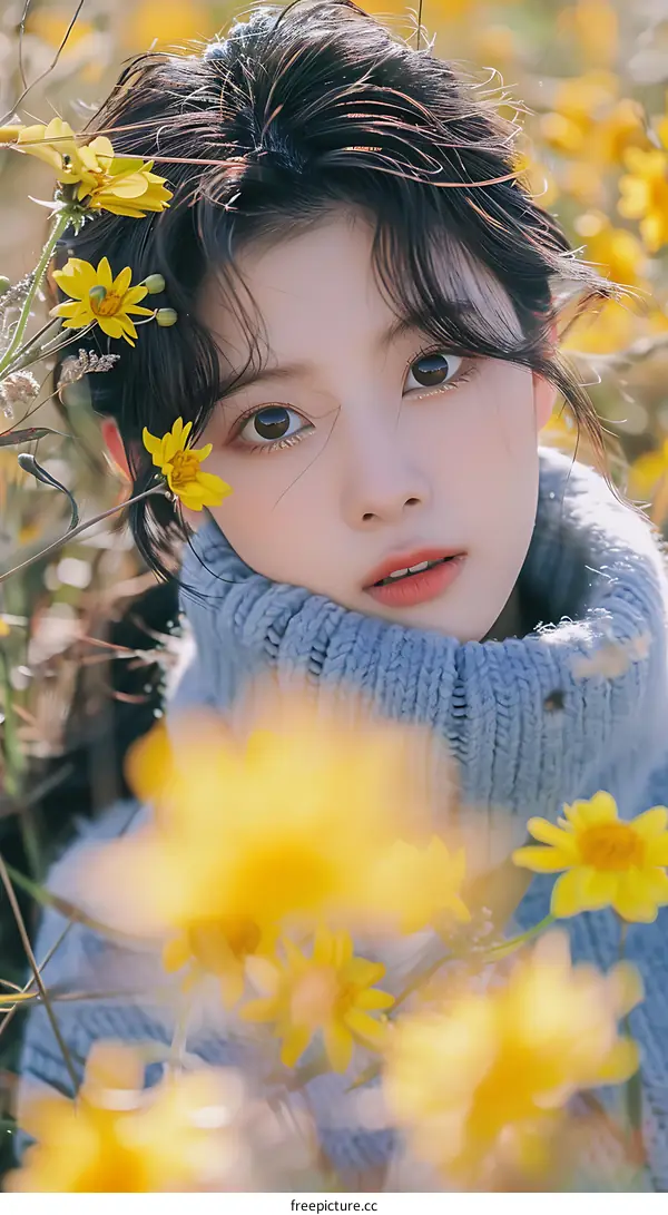 Asian Woman in a Field of Yellow Flowers