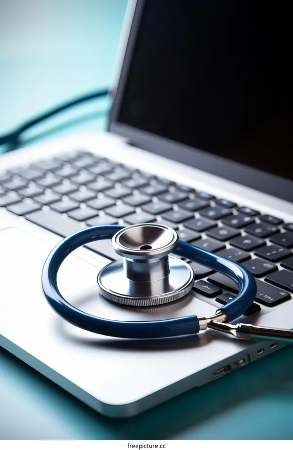 Laptop with a stethoscope on the keyboard