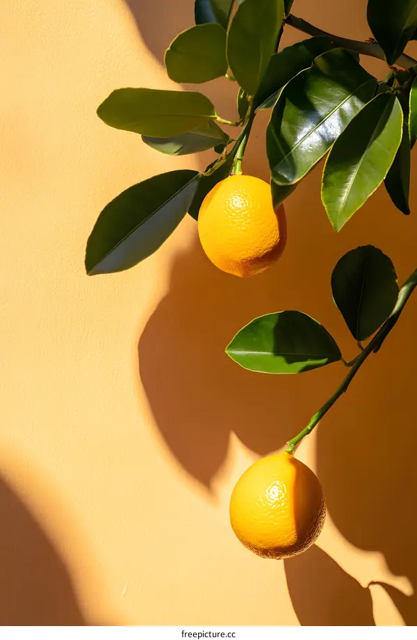 Fresh Yellow Lemons Hanging on Tree Branch with Green Leaves and Yellow Wall Background