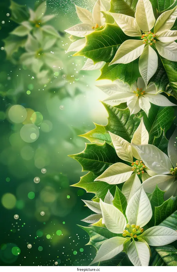 White Poinsettia and Holly Leaves for Christmas