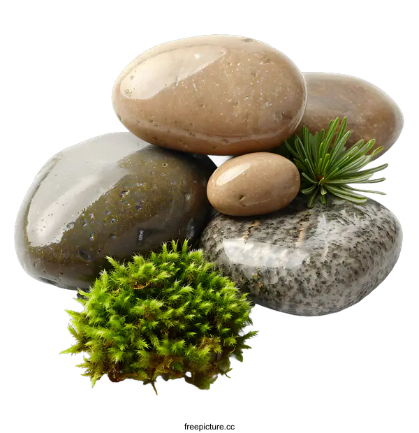 [Transparent Background PNG]Smooth Stones and Green Moss on White Background