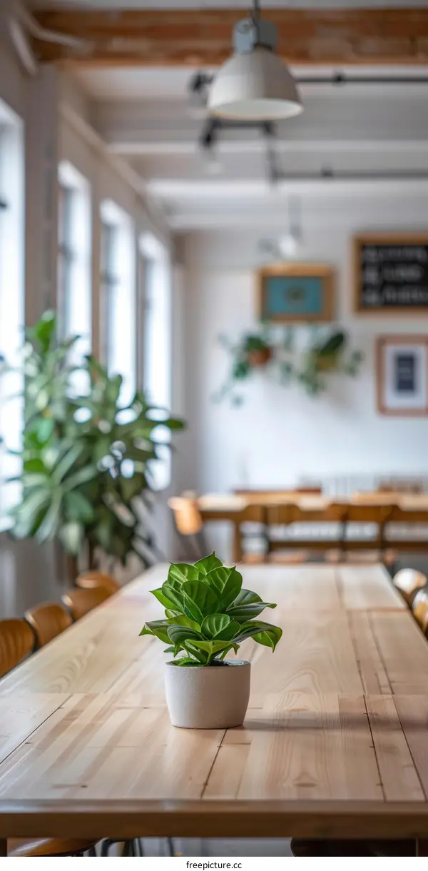 A Potted Plant Sits on a Wooden Table in a Bright Room