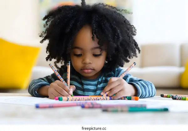 Young African American Child Drawing With Crayons
