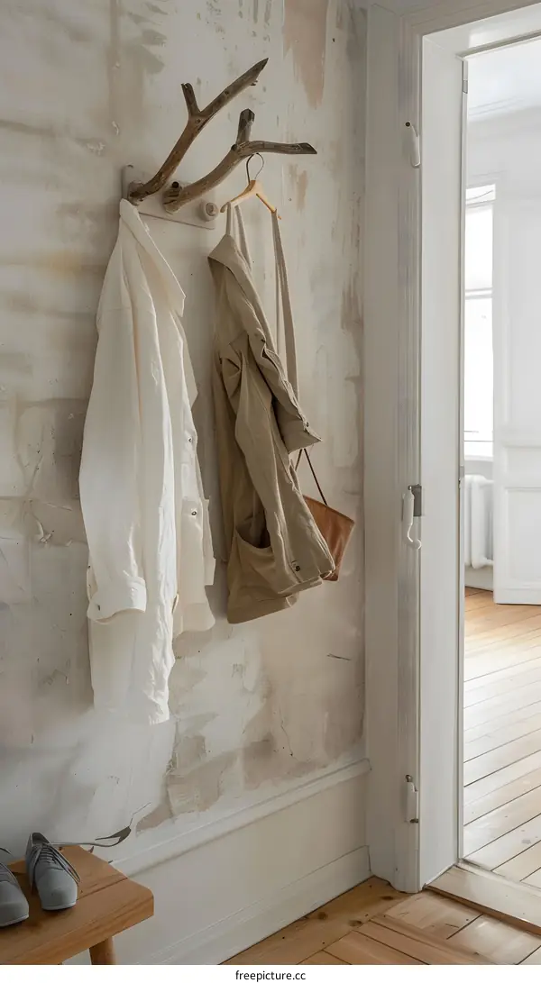 Wooden Branch Coat Rack In A Minimalist Entryway