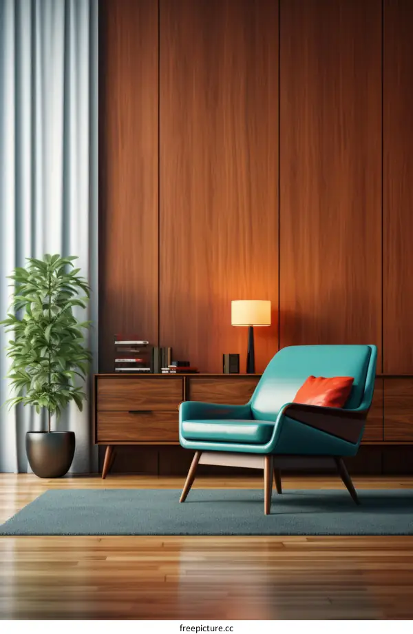 retro green armchair in a mid century modern living room