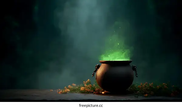 Mystical Green Potion Brewing in a Witches Cauldron