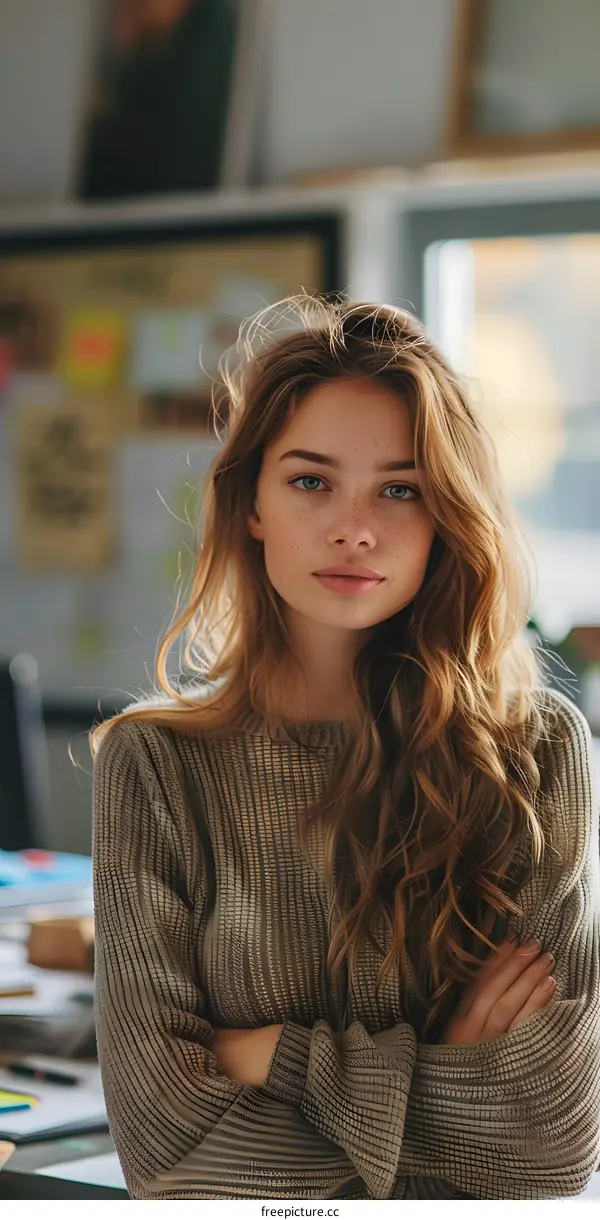 portrait of a young woman with freckles and curly hair