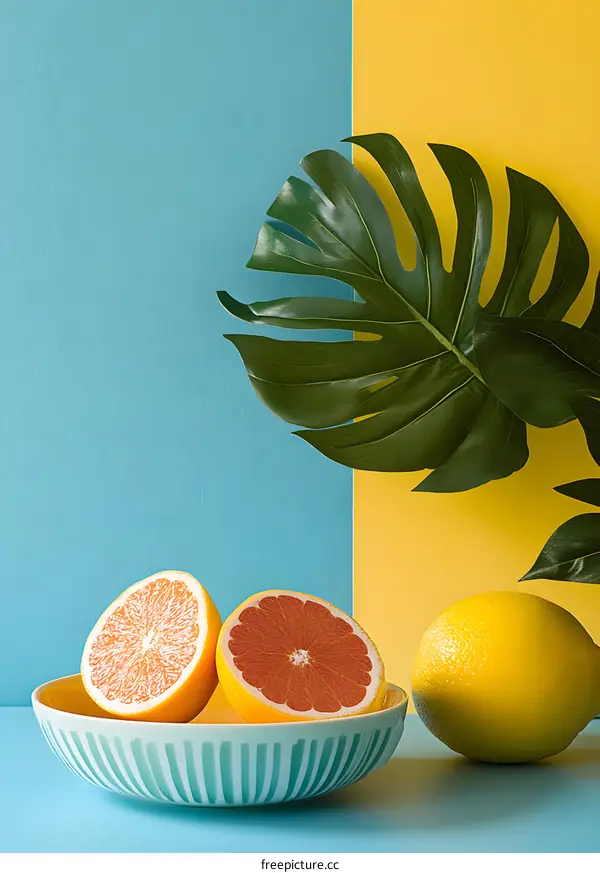 Tropical Fruit Still Life with Monstera Leaf and Blue Yellow Background