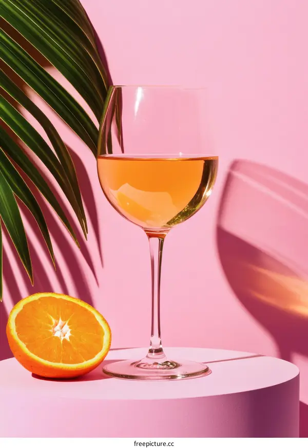 Pink Drink with Orange Slice and Palm Leaf