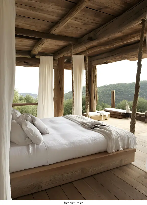 Rustic Wooden Bed with White Curtains and a View